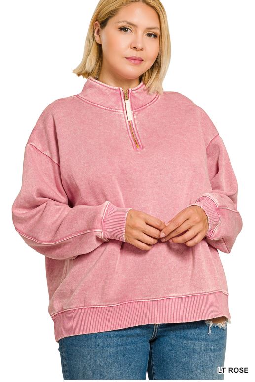 ZENANA Plus acid wash fleece half zip sweatshirts