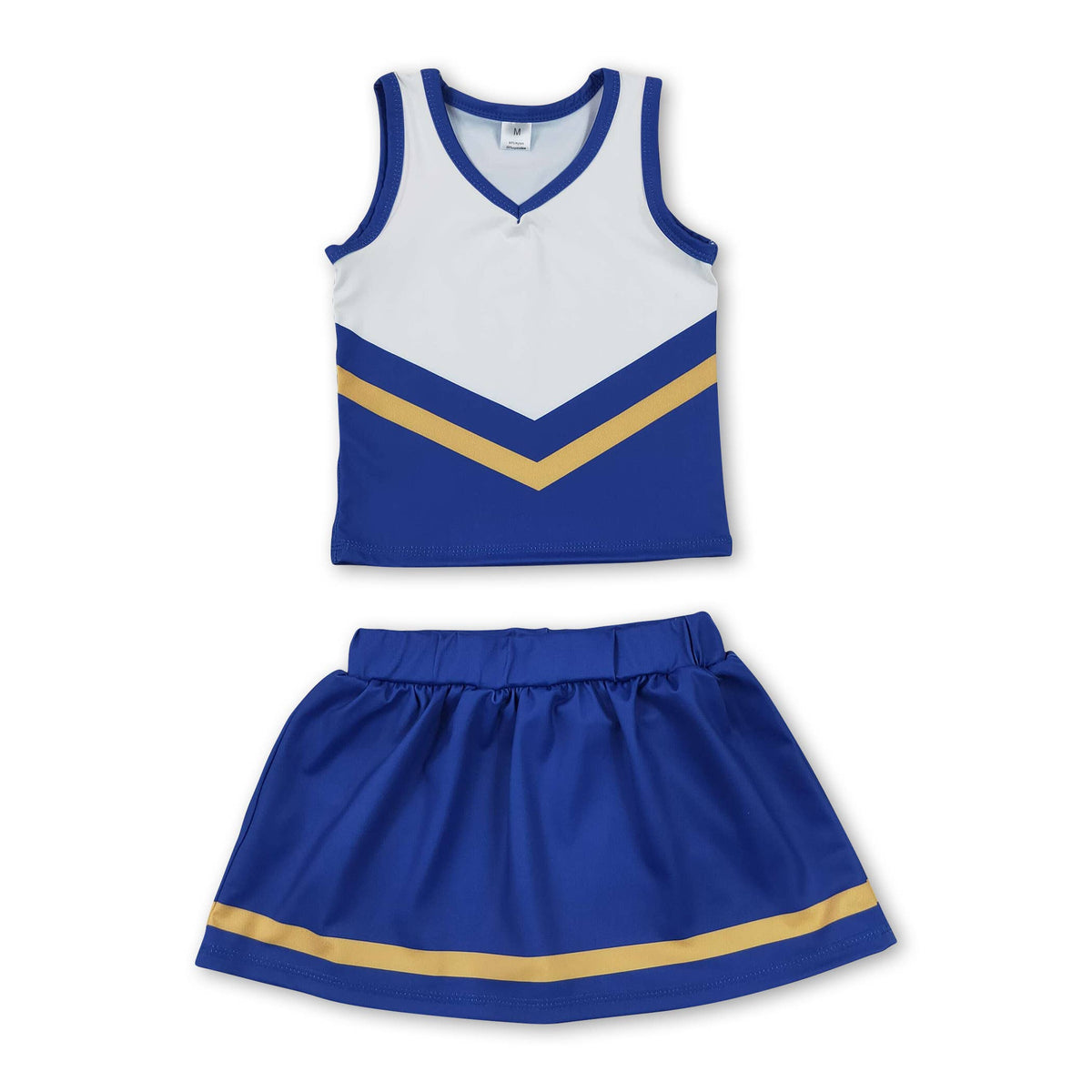 Sleeveless white blue top skirt girls team cheer active set: Blue gold / 6-7T