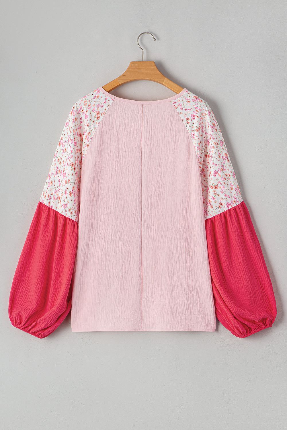 Pink Contrast Floral Patchwork Long Sleeve Plus Size Blouse