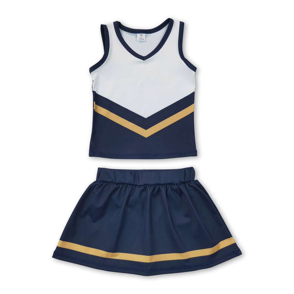 Sleeveless white blue top skirt girls team cheer active set: Blue gold / 7-8T