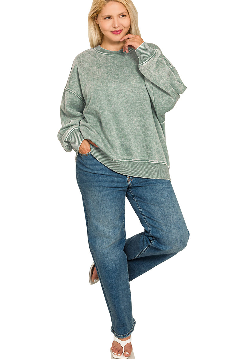 ZENANA Plus acid wash oversized fleece pullover