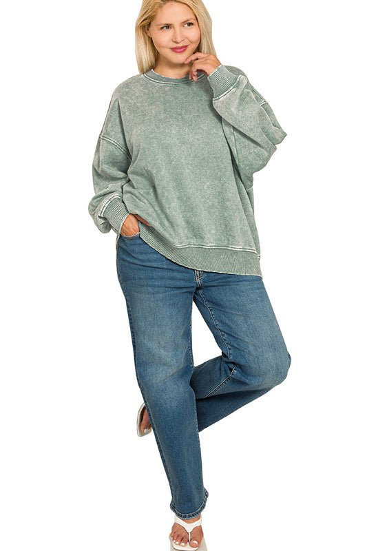 Acid Wash Oversized Fleece Pullover (Plus)