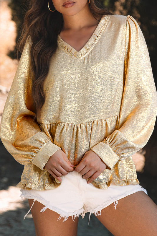 Gold Metallic Frilled V Neck Puff Sleeve Babydoll Blouse